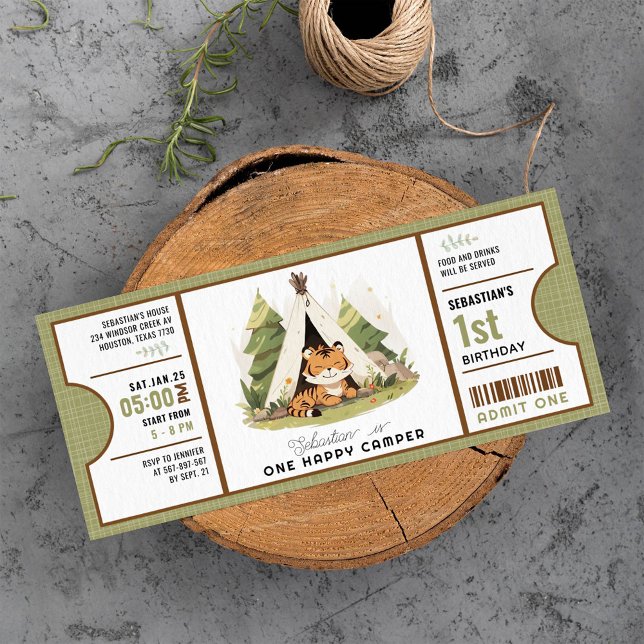 Cute Tiger One Happy Camper 1st Birthday Ticket  Invitation (Creator Uploaded)