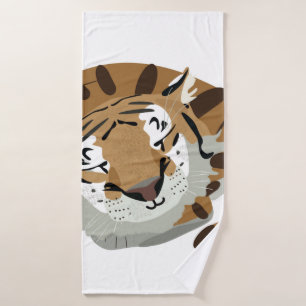 Cute tiger over sleeping. Smiling expression, happ Bath Towel