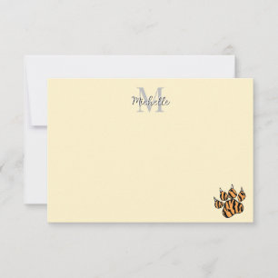 Cute Tiger Paw Print Custom Monogram Note Card