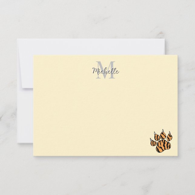 Cute Tiger Paw Print Personalized Monogram  Note Card (Front)