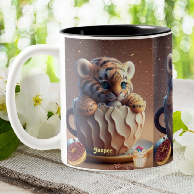 Cute Tiger Personalized Name Rustic Background Two-Tone Coffee Mug (Creator Uploaded)