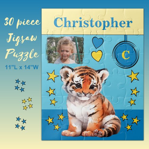 Cute tiger photo name blue yellow kids jigsaw puzzle