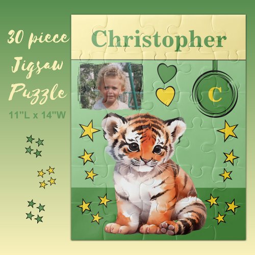 Cute tiger photo name green yellow kids jigsaw puzzle