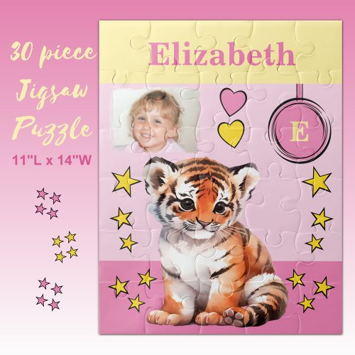 Cute tiger photo name pink yellow kids jigsaw puzzle