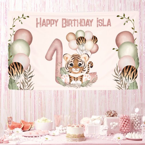 Cute Tiger Pink Girl Safari 1st Birthday Banner