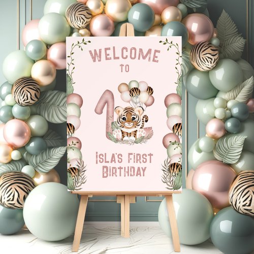 Cute Tiger Pink Girl Safari 1st Birthday Welcome Foam Board