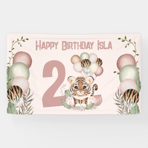 Cute Tiger Pink Girl Safari 2nd Birthday Banner