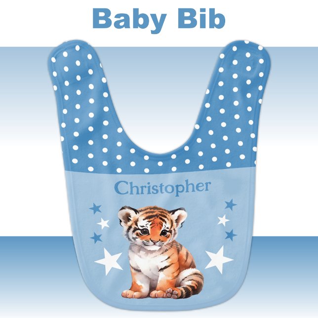 Cute tiger polka dots stars add name blue baby bib (Creator Uploaded)