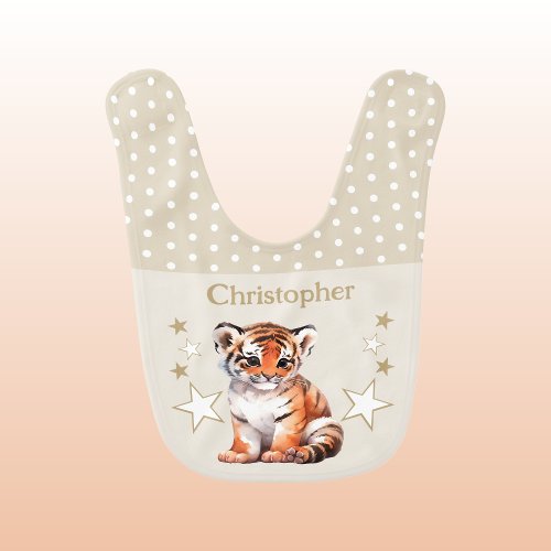 Cute tiger polka dots stars add name brown baby bib