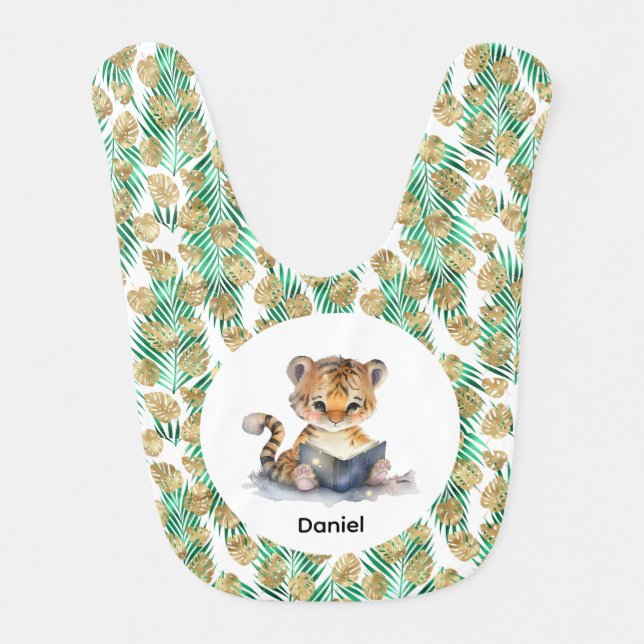 Cute Tiger Reading a Book Baby Bib (Front)