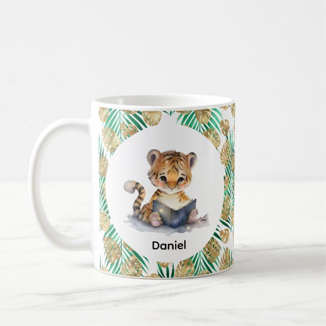 Cute Tiger Reading a Book Coffee Mug (Left)