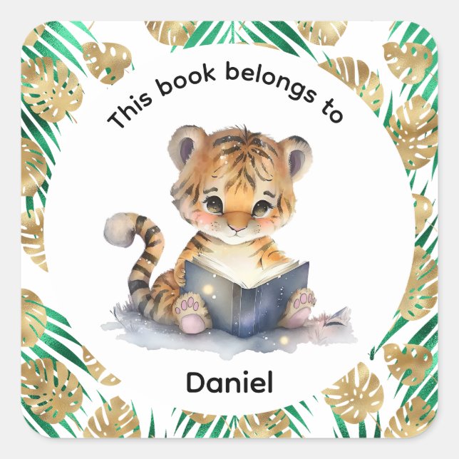 Cute Tiger Reading a Book Square Sticker (Front)