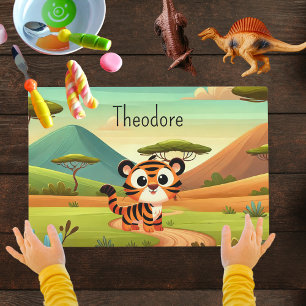 Cute Tiger Safari Animals Custom Name Kids Placemat