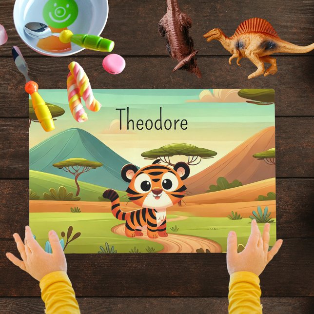 Cute Tiger Safari Animals Custom Name Kids Placemat (Cute Tiger Safari Animals Custom Name Kids Placemat
)