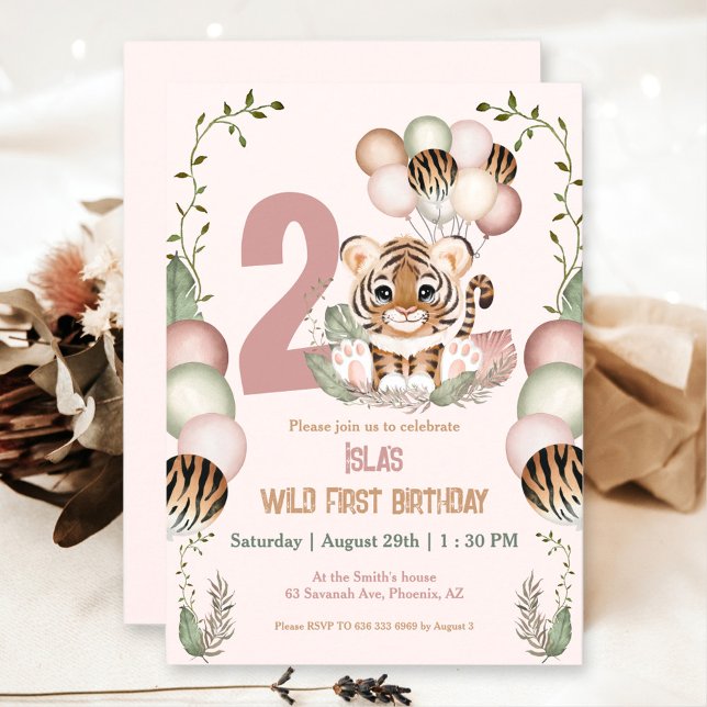 Cute Tiger Safari Pink Two Wild Girl 2nd Birthday Invitation (Cute Tiger Safari Pink Two Wild Girl 2nd Birthday Invitation)