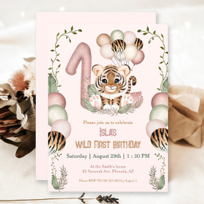 Cute Tiger Safari Pink Wild One Girl 1st Birthday Invitation