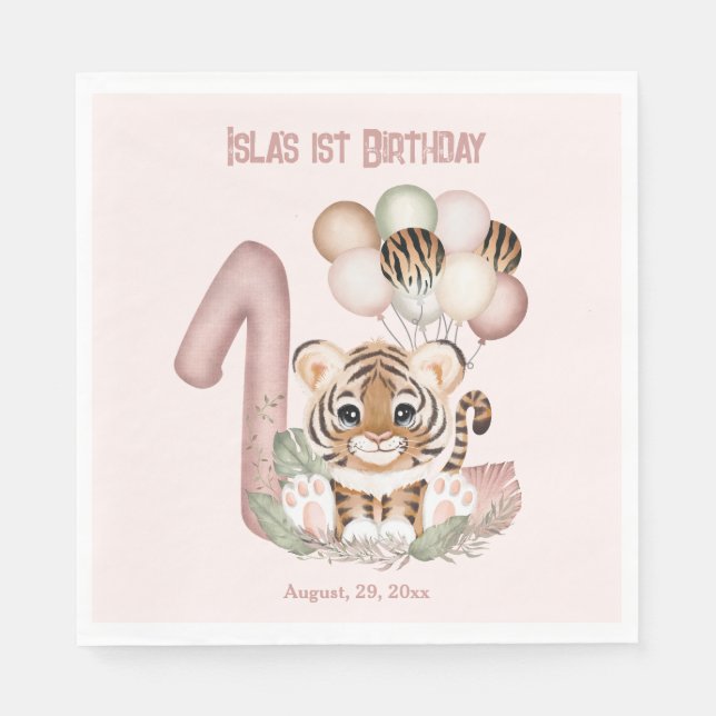 Cute Tiger Safari Wild One Girl 1st Birthday Pink Napkins (Front)