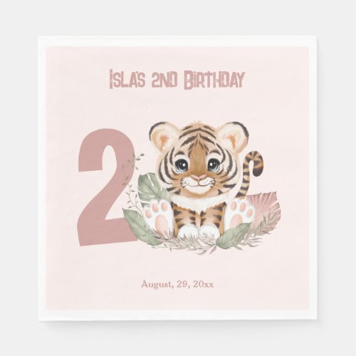 Cute Tiger Safari Wild One Girl 2nd Birthday Pink Napkins