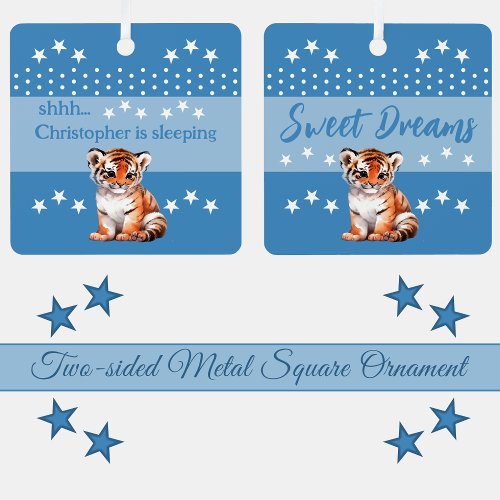 Cute tiger shhh add name is sleeping blue metal ornament