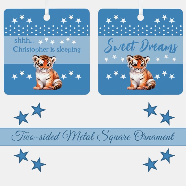Cute tiger shhh add name is sleeping blue metal ornament (Creator Uploaded)