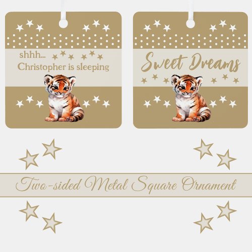 Cute tiger shhh add name is sleeping brown metal ornament