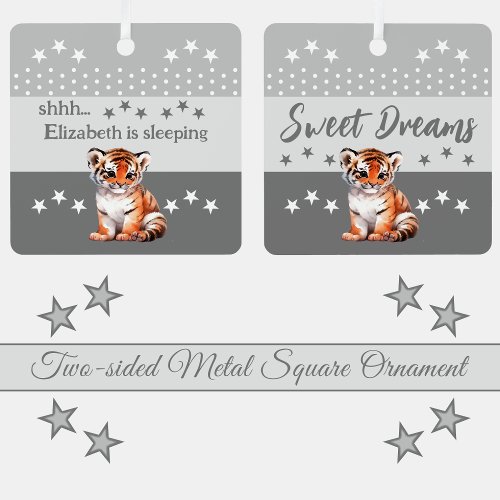 Cute tiger shhh add name is sleeping grey metal ornament