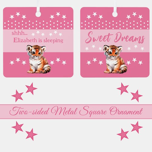 Cute tiger shhh add name is sleeping pink metal ornament