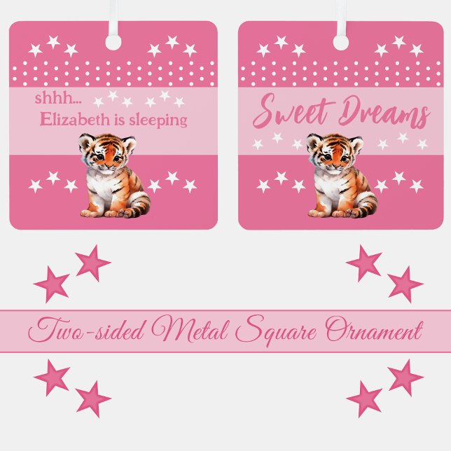 Cute tiger shhh add name is sleeping pink metal ornament (Creator Uploaded)