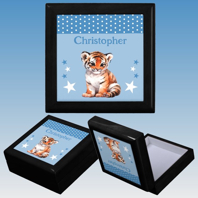 Cute tiger stars add name blue keepsake gift box (Creator Uploaded)