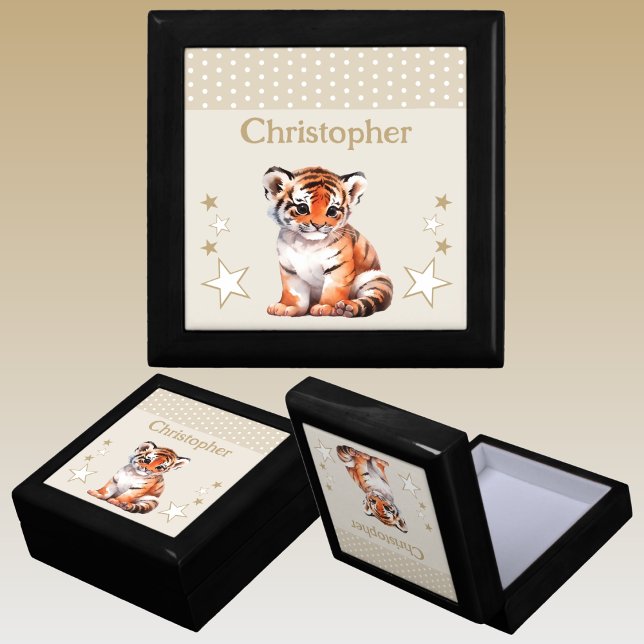 Cute tiger stars add name brown keepsake gift box (Creator Uploaded)