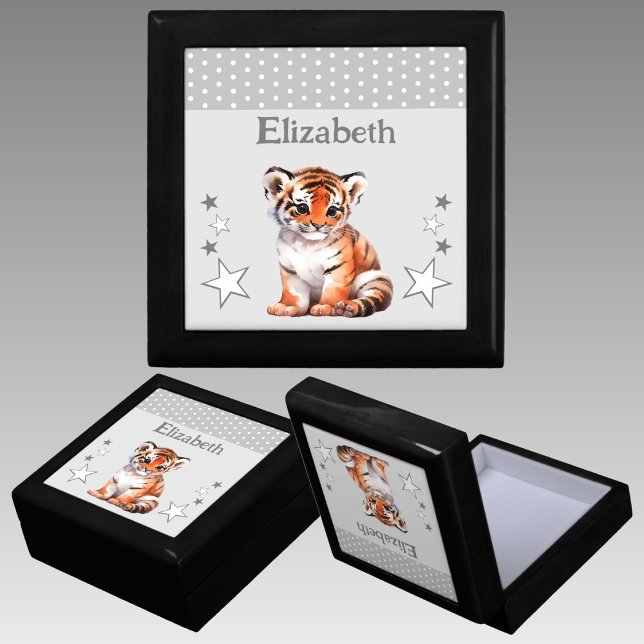 Cute tiger stars add name grey keepsake gift box (Creator Uploaded)