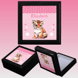 Cute tiger stars add name pink keepsake gift box<br><div class="desc">Keepsake Gift Box for children.
Personalize with a name.
Featuring a cute tiger,  polka dots and stars with the colors pink and white.</div>