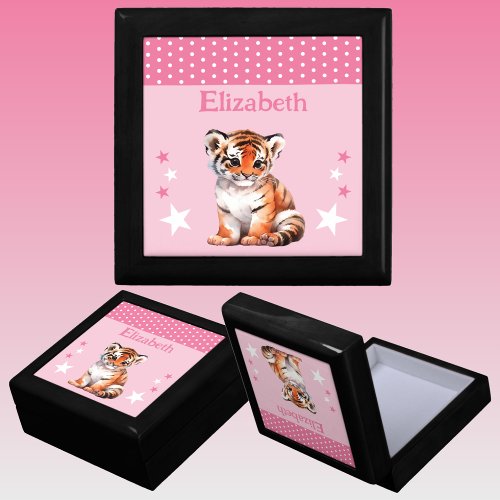 Cute tiger stars add name pink keepsake gift box