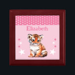 Cute tiger stars add name pink keepsake gift box<br><div class="desc">Keepsake Gift Box for children.
Personalize with a name.
Featuring a cute tiger,  polka dots and stars with the colors pink and white.</div>
