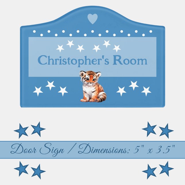 Cute tiger stars baby's room add name blue door sign (Creator Uploaded)