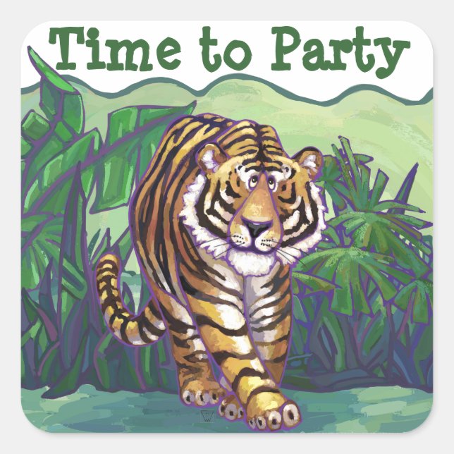 Cute Tiger Time to Party Square Sticker (Front)