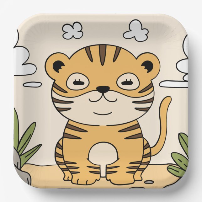 Cute Tiger Wild Animal Jungle Kids Party Paper Plates (Front)