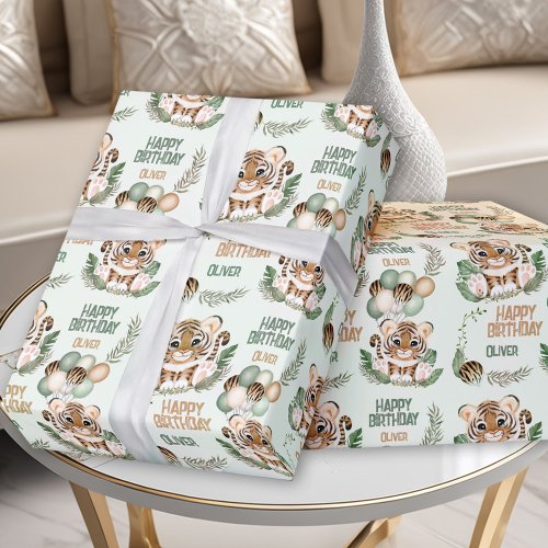 Cute Tiger Wild One Boy 1st Birthday Green  Wrapping Paper