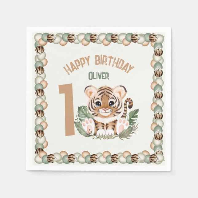Cute Tiger Wild One Boy 1st Birthday Napkins (Front)