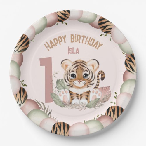 Cute Tiger Wild One Girl 1st Birthday Paper Plate