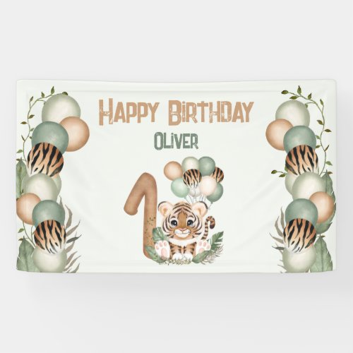 Cute Tiger Wild One Safari Jungle Boy 1st Birthday Banner