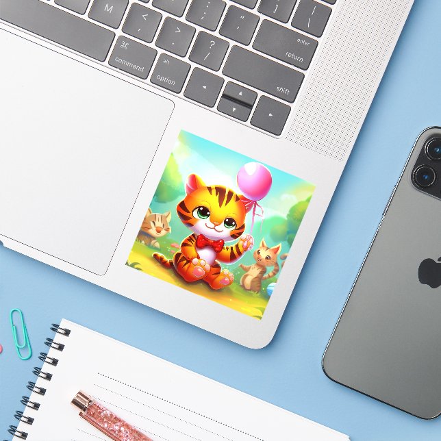 Cute tiger with a balloon illustration sticker (Laptop w/ iPhone)