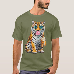 Cute Tiger with Iced Coffee and Heart Sunglasses T-Shirt