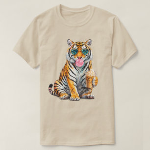 Cute Tiger with Iced Coffee and Heart Sunglasses T-Shirt