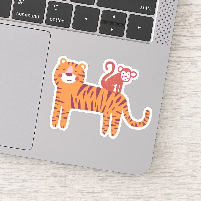 Cute Tiger with Monkey on the back laptop Sticker (Detail)
