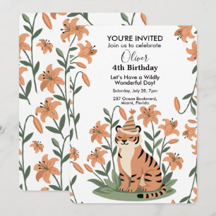 Cute tiger with orange lily Personalized Birthday Invitation
