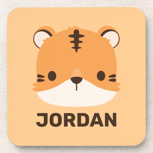 Cute Tiger with Personalized Name Beverage Coaster (Front)