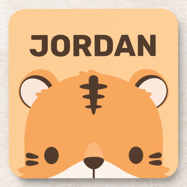 Cute Tiger with Personalized Name Beverage Coaster (Front)