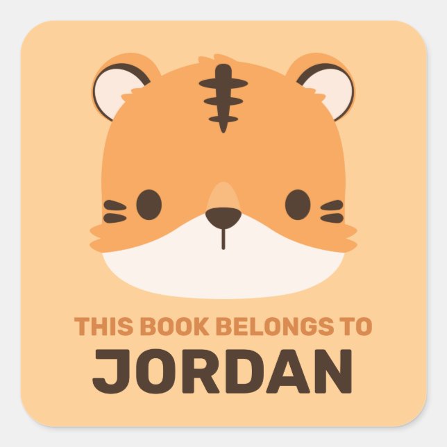 Cute Tiger with Personalized Name Square Sticker (Front)