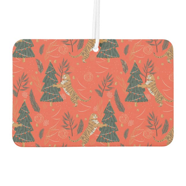 Cute tigers and Christmas trees pattern on orange Air Freshener (Back)